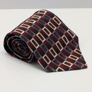 Roundtree & Yorke Mens Burgundy Blue Tan Geometric Silk Tie Handmade